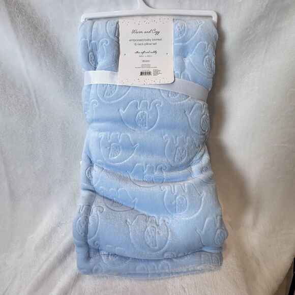 Warm & Cozy Blue Embossed Baby Blanket & Elephant Neck Pillow Set Ultra Soft - Picture 3 of 4